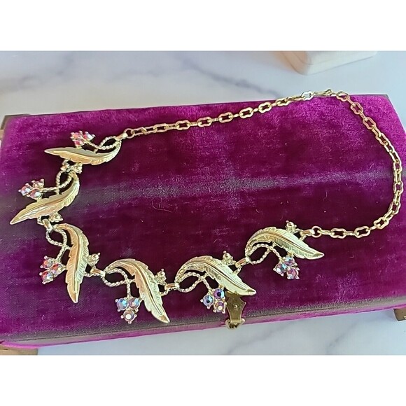 Judy Lee AB Pink Crystal Leaf Necklace Vintage - Picture 4 of 12